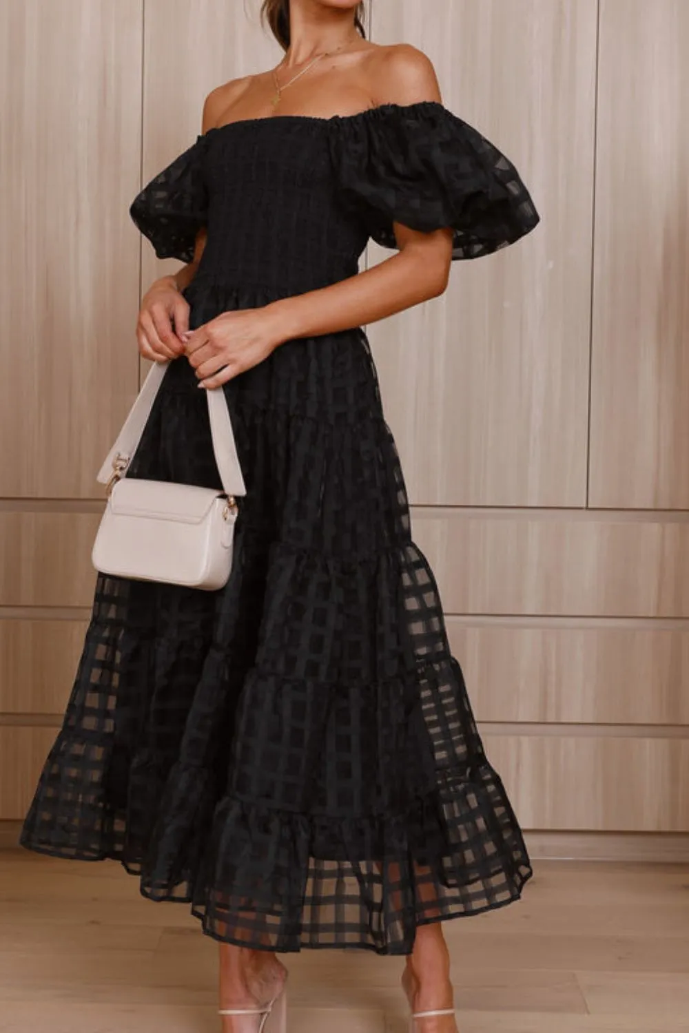 Off Shoulder Short Puff Sleeve Midi Dress, image 25