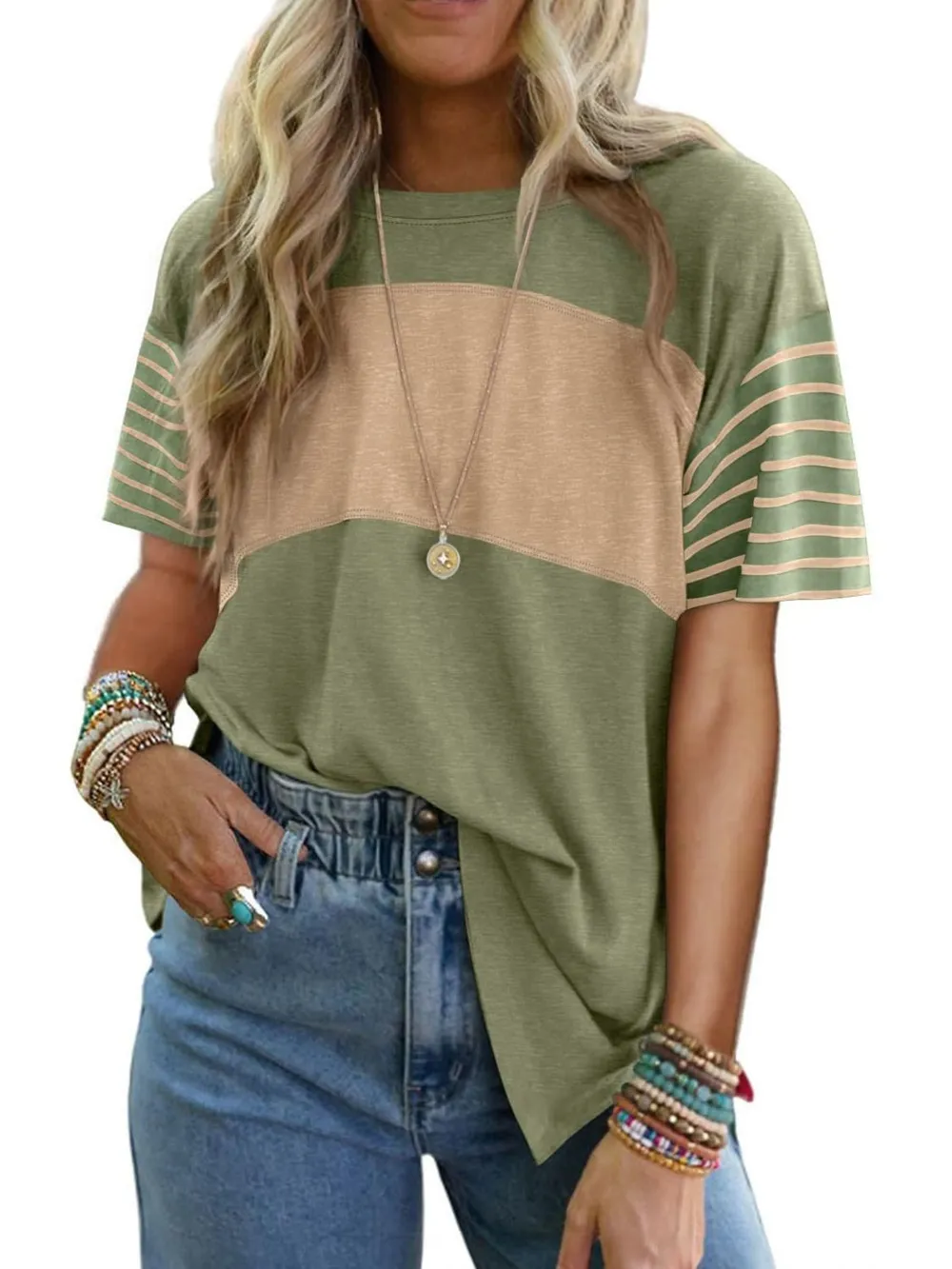Color Block Striped Sleeve Casual T-Shirt, image 4