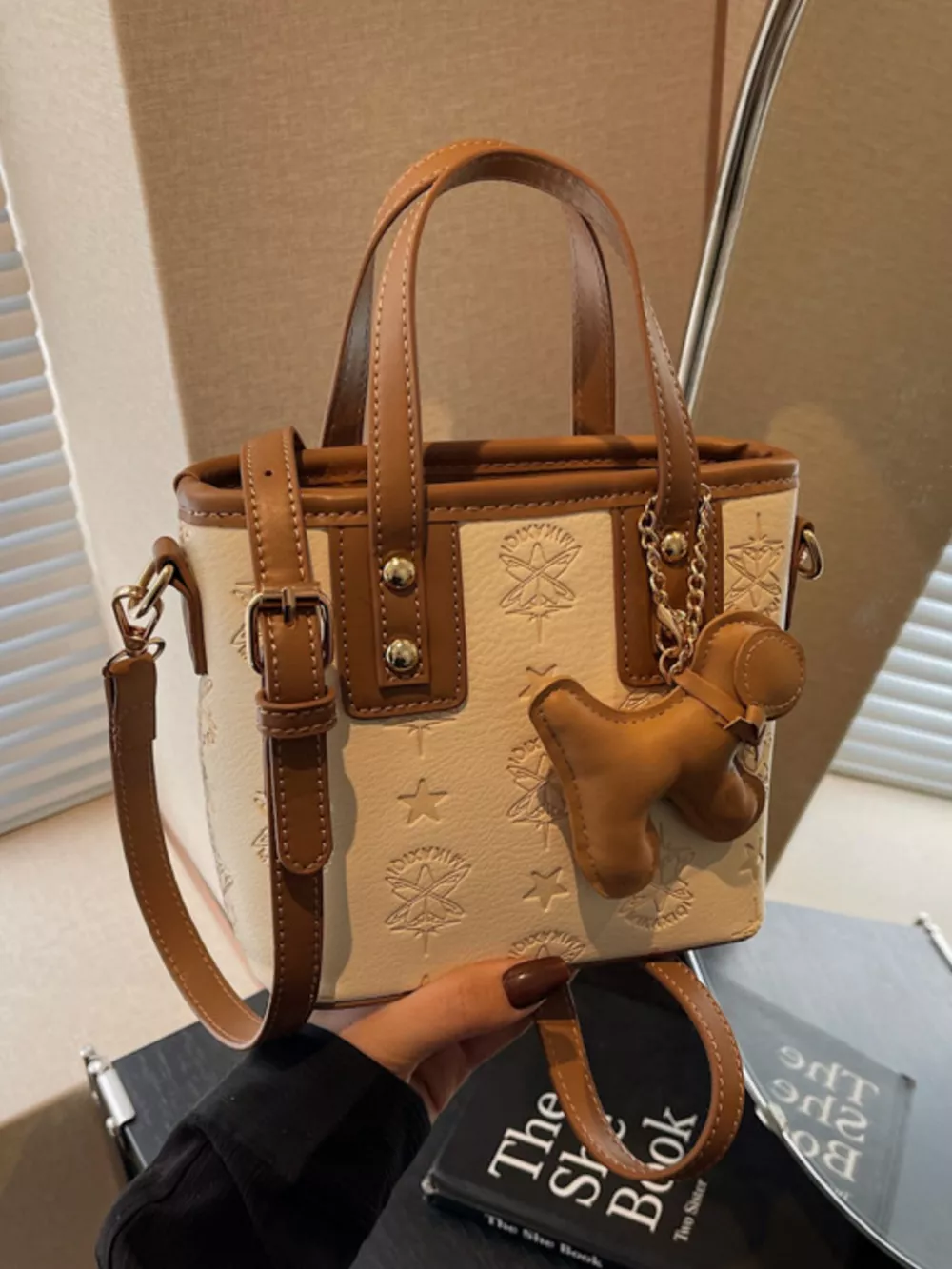 Embossed Pattern Dog Charm Crossbody Bag