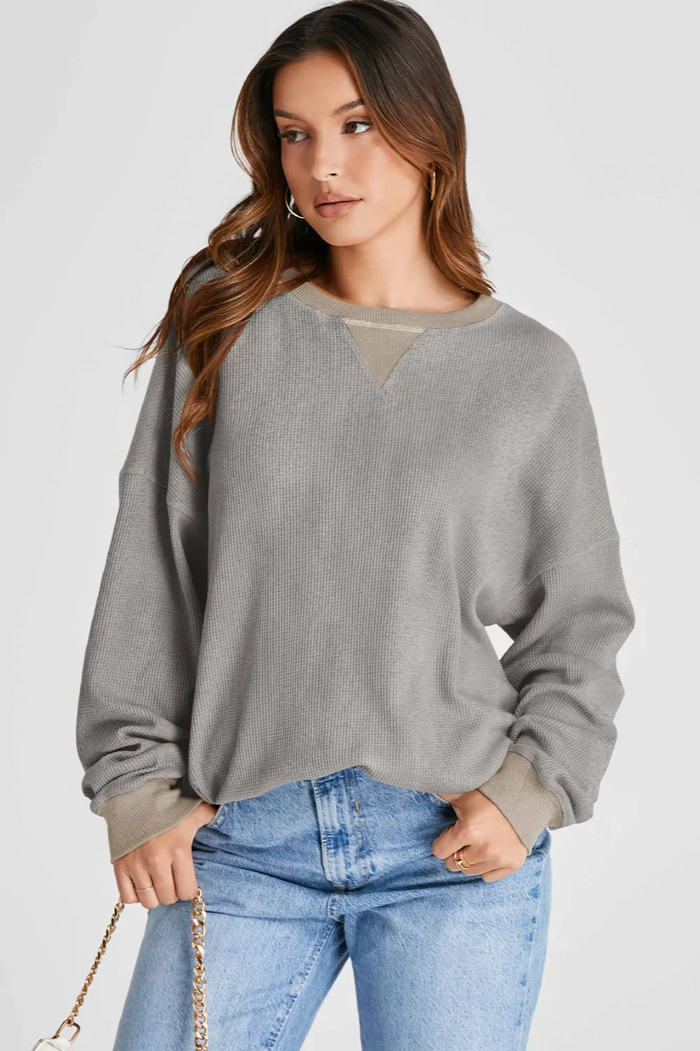 Waffle-Knit Long Sleeve Sweatshirt, image 12