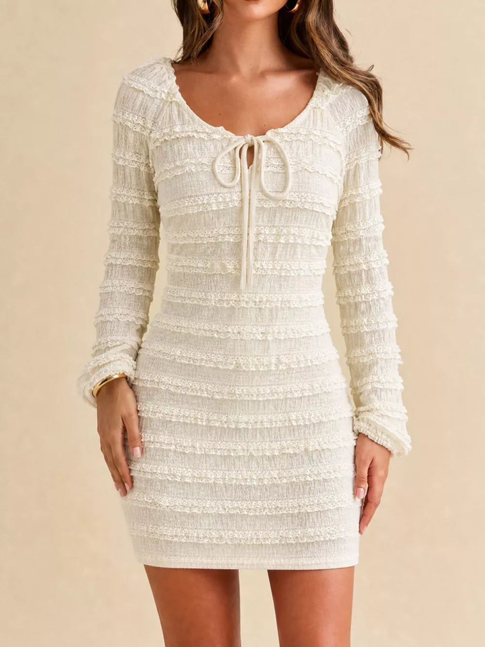 Textured Long-Sleeve Bodycon Mini Dress with Tie-Front, image 3