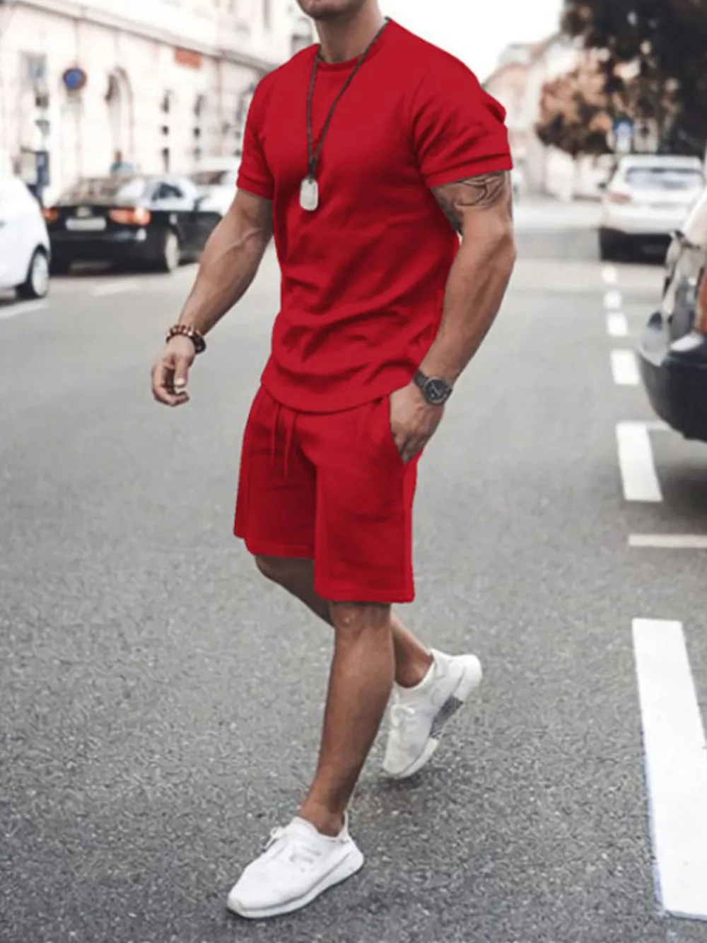 Men's Plus Size Round Neck Short Sleeve Top and Shorts Set, image 5