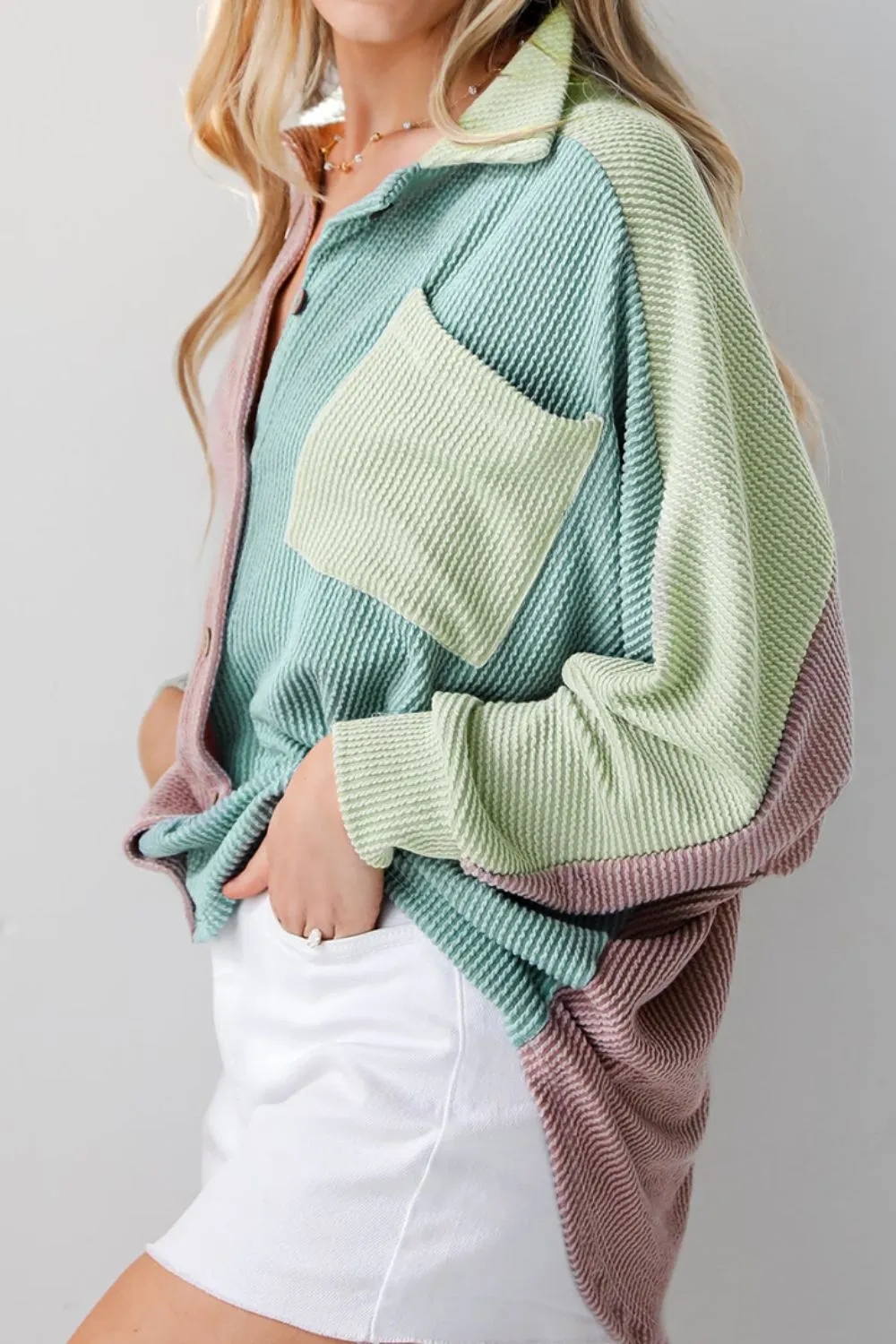 Color Block Corded Button Up Shacket, image 8