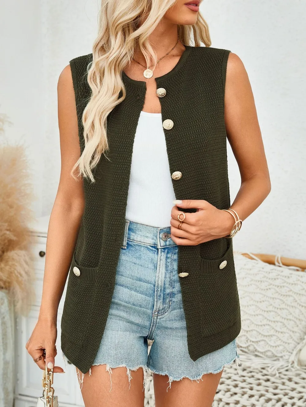 Button Down Round Neck Knit Vest, image 5