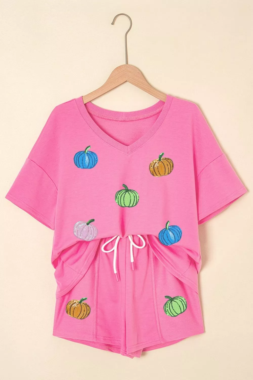Sequin Halloween Pumpkin Pattern V Neck Tee and Drawstring Bottoms Casual Set, image 5