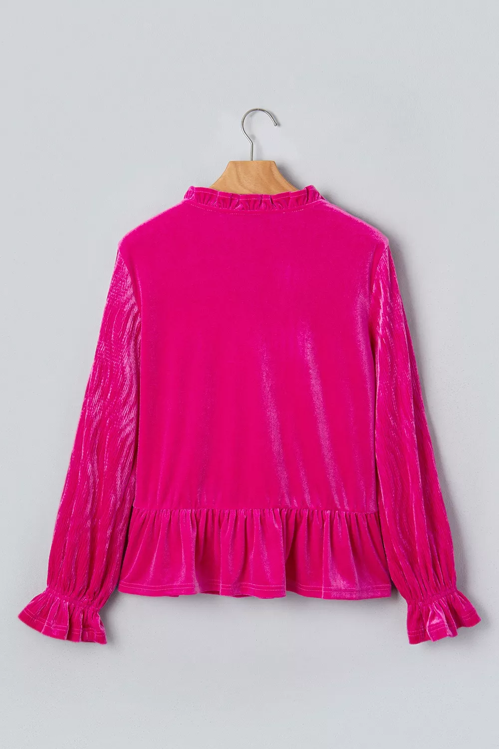 V Neck Velvet Ruffled Cuffs Hem Long Sleeve Top, image 4