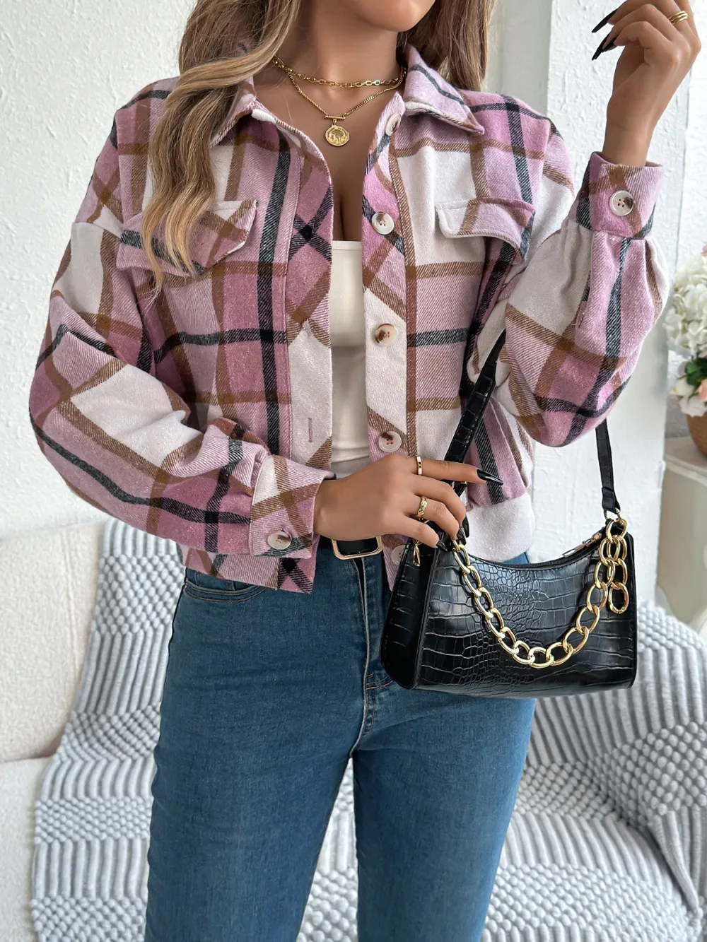 Plaid Button Up Long Sleeve Jacket, image 17