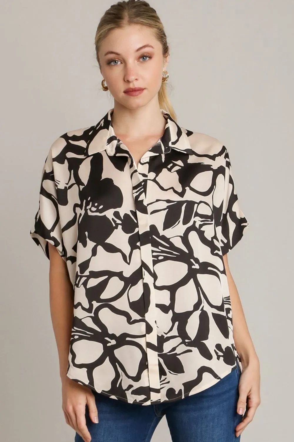 Full Size Two Tone Print Button Down Top with Hidden Plackets Plus Size