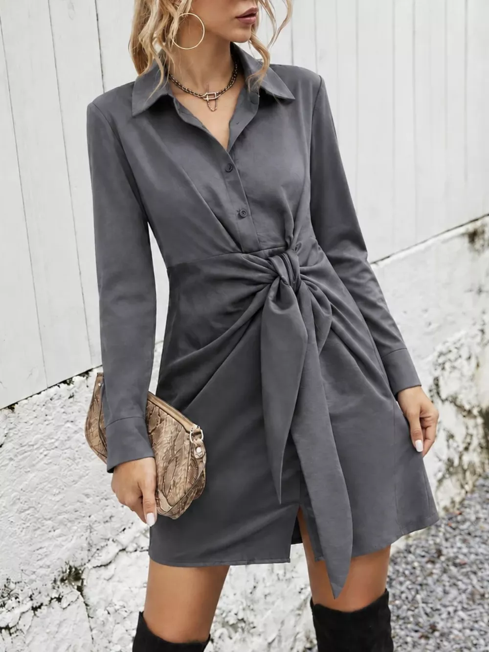 Front-Tie Long Sleeve Shirt Dress, image 3