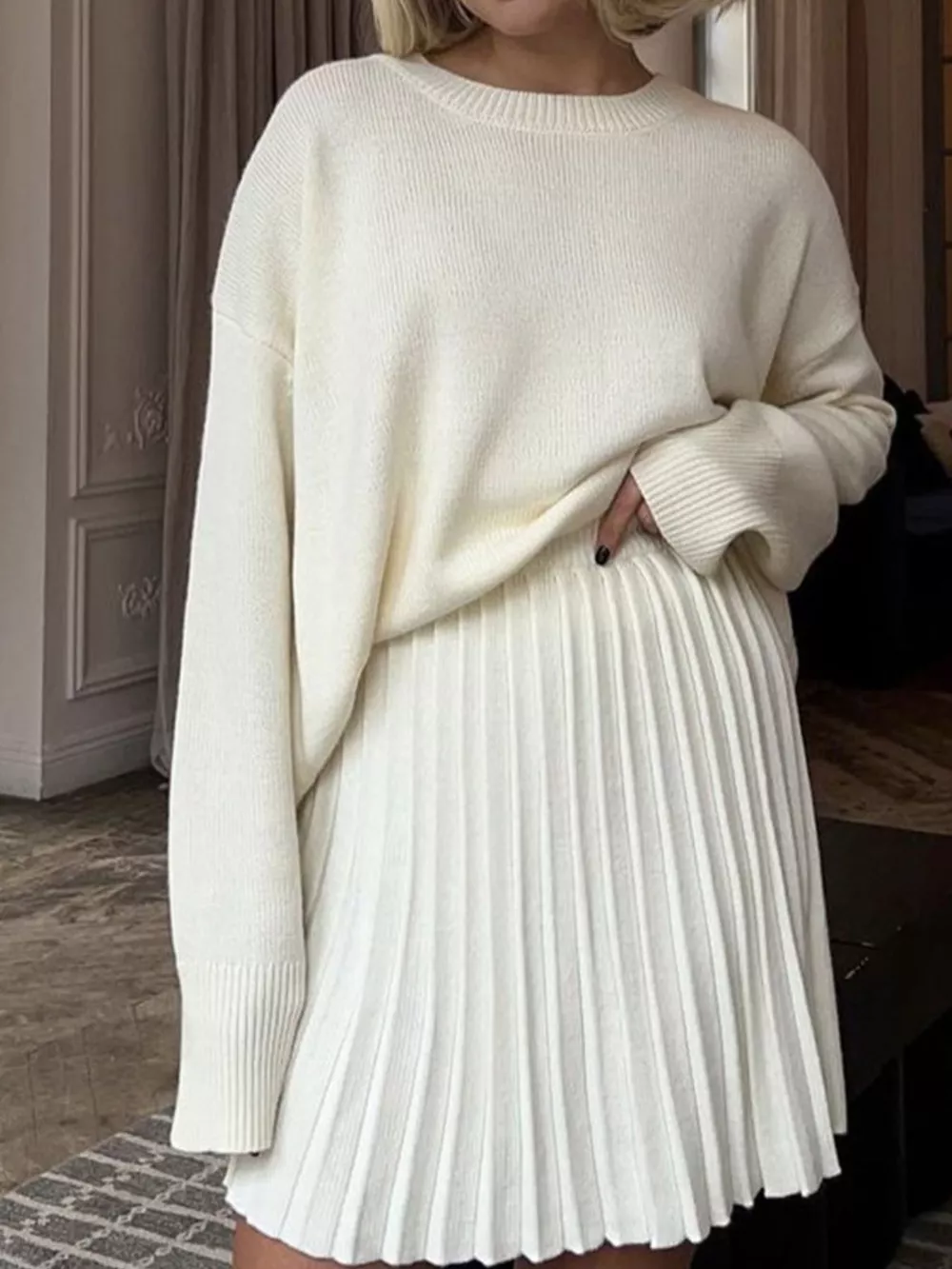 Round Neck Top and Pleated Skirt Sweater Set, image 2