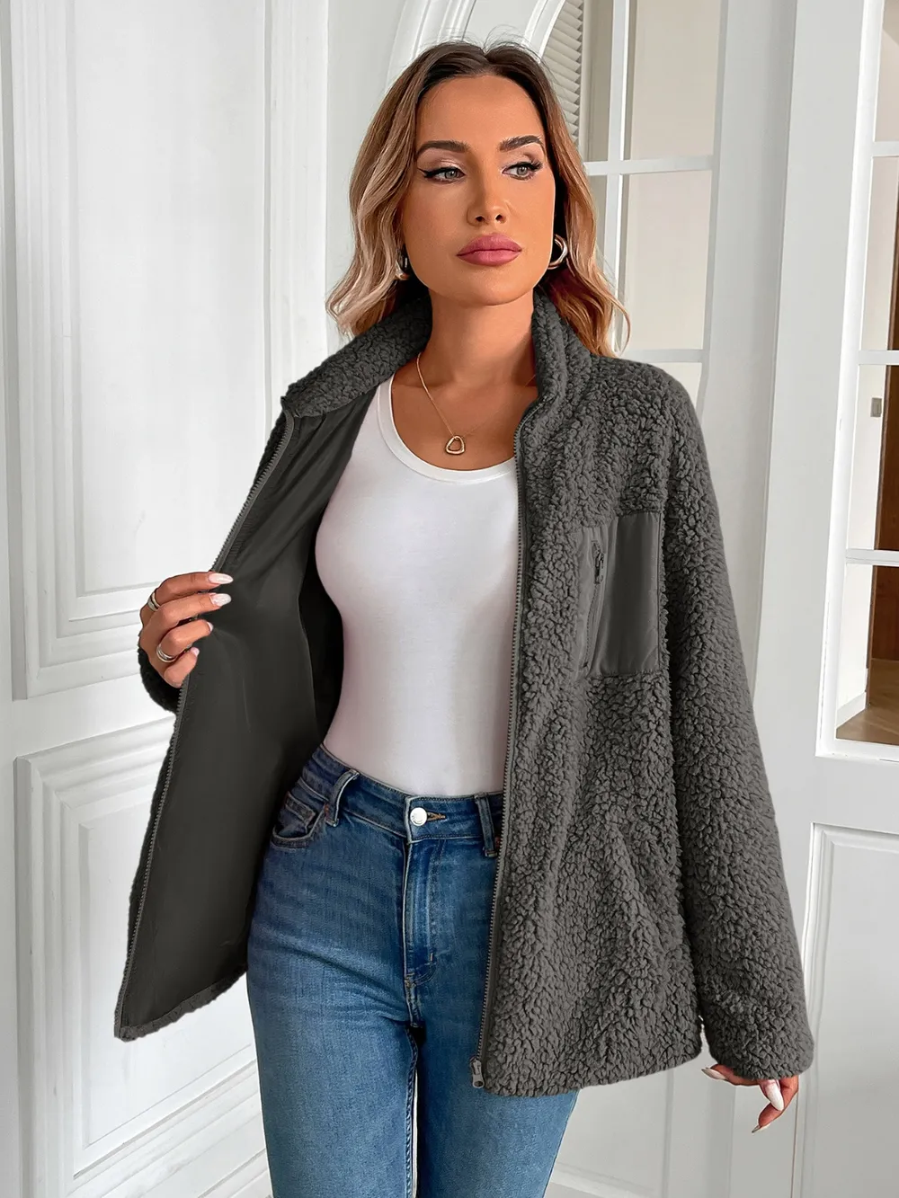 Zip Up Long Sleeve Fuzzy Jacket, image 18