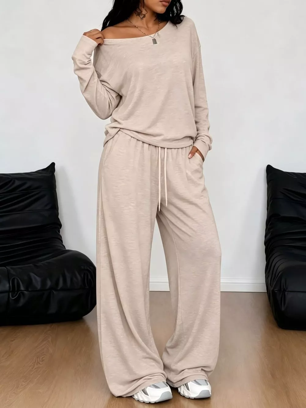 Full Size Comfortable Loose Fit One-Shoulder T-Shirt and Pants Set Plus Size, image 21