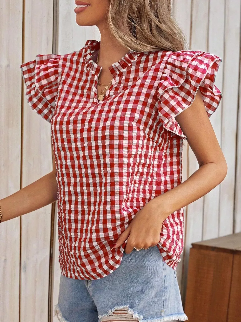 Gingham Ruffle Sleeve Blouse, image 5