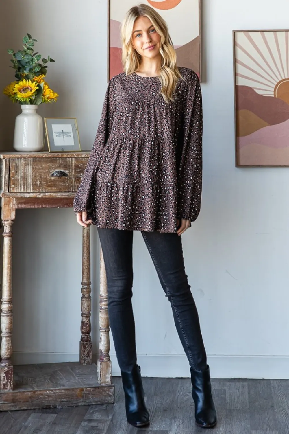 Leopard Long Sleeve Tiered Blouse, image 5