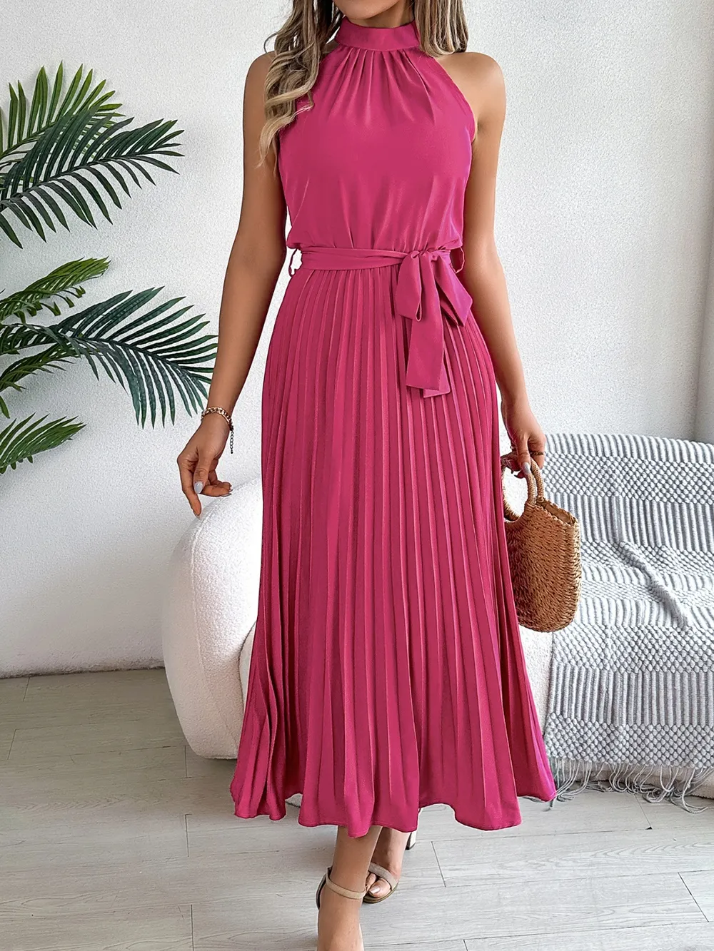 Pleated Tie Waist Sleeveless Midi Dress, image 16