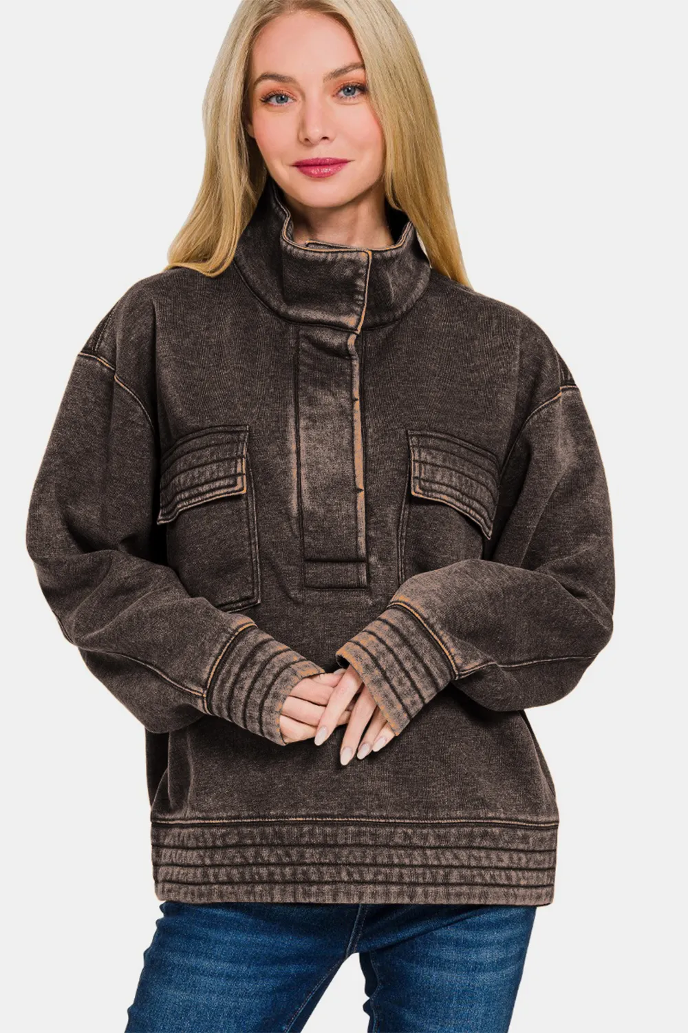 Acid Washed Half Snap Fleece Sweatshirt, image 3