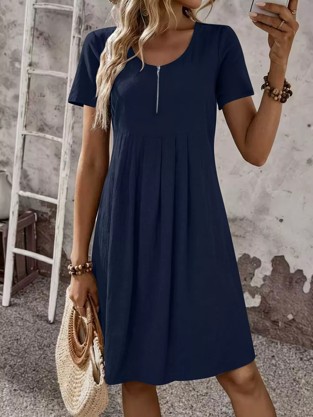 Zipper-Front Short Sleeve A-Line Dress, image 13