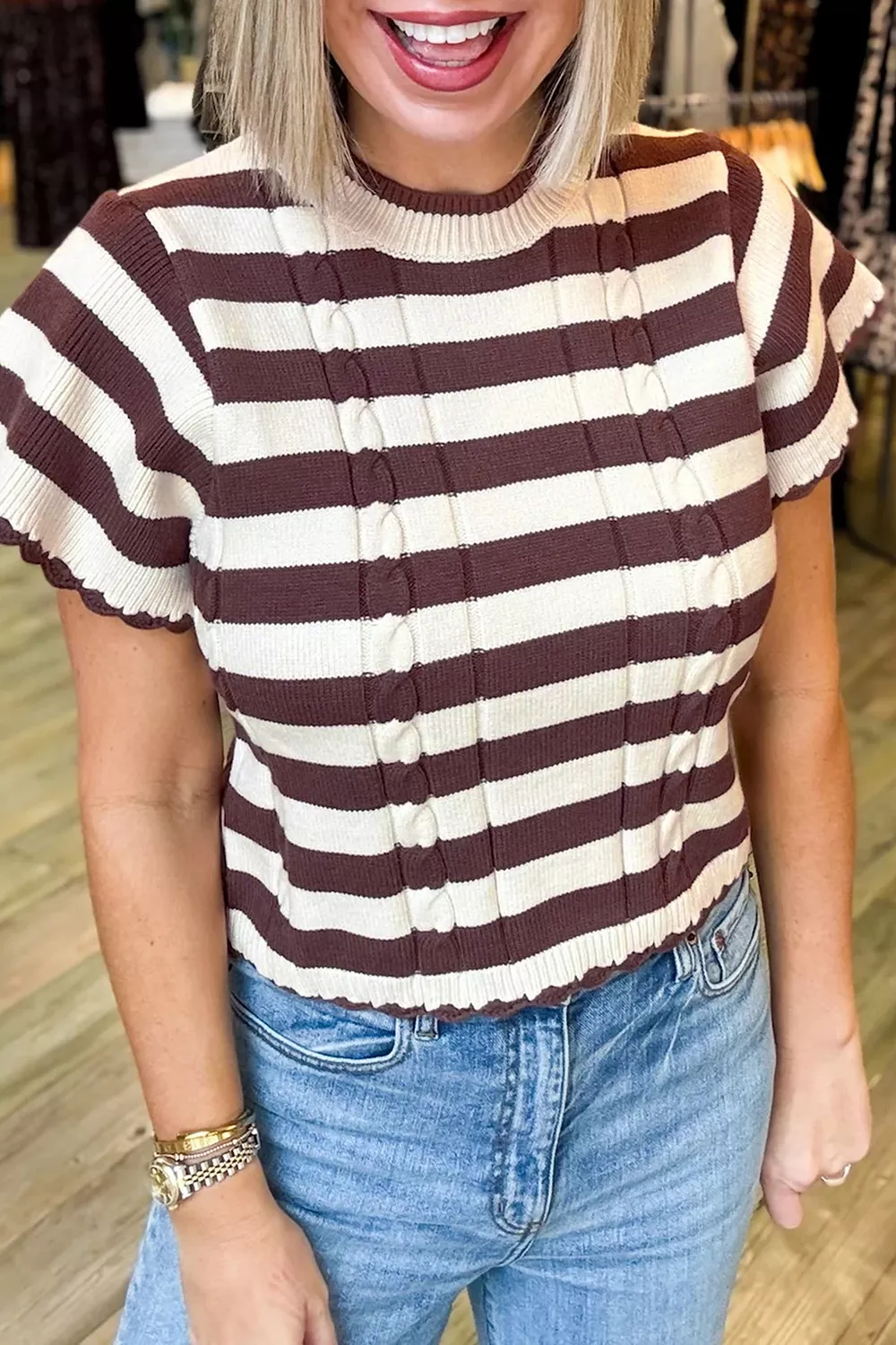 Stripe Ribbed Knit Cable Detail Short Sleeve Sweater, image 2