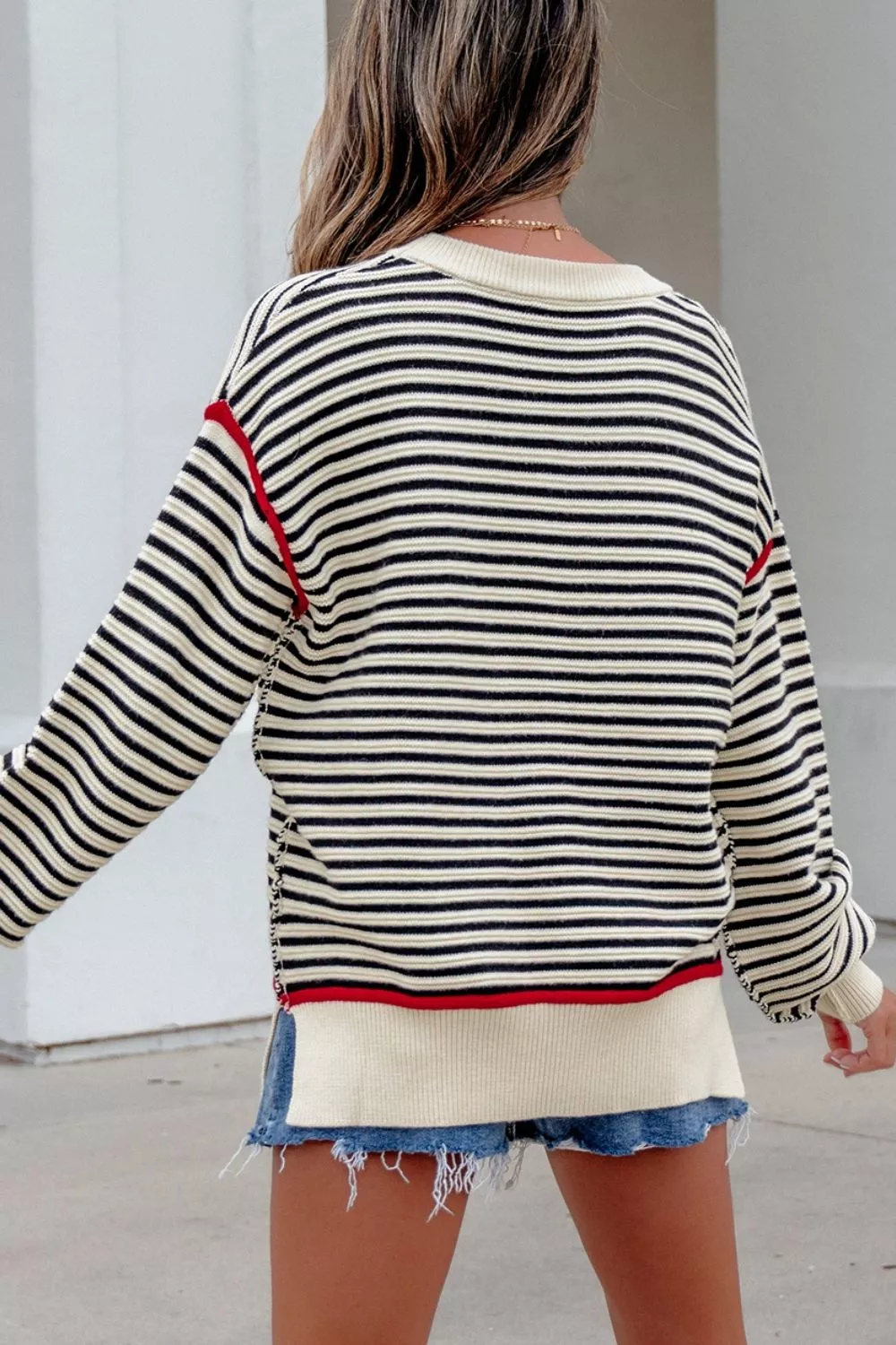 Stripe Ribbed Trim Drop Shoulder Oversized Sweater, image 4