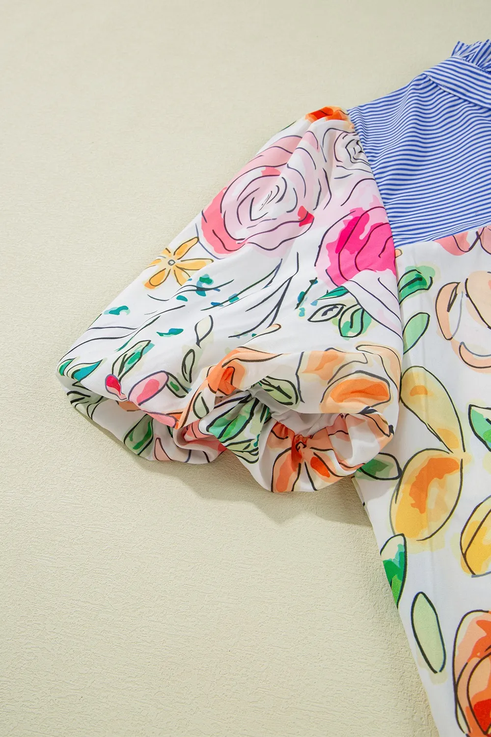 Floral Striped Yoke Frilled Tie Neck Puff Short Sleeve Blouse, image 8