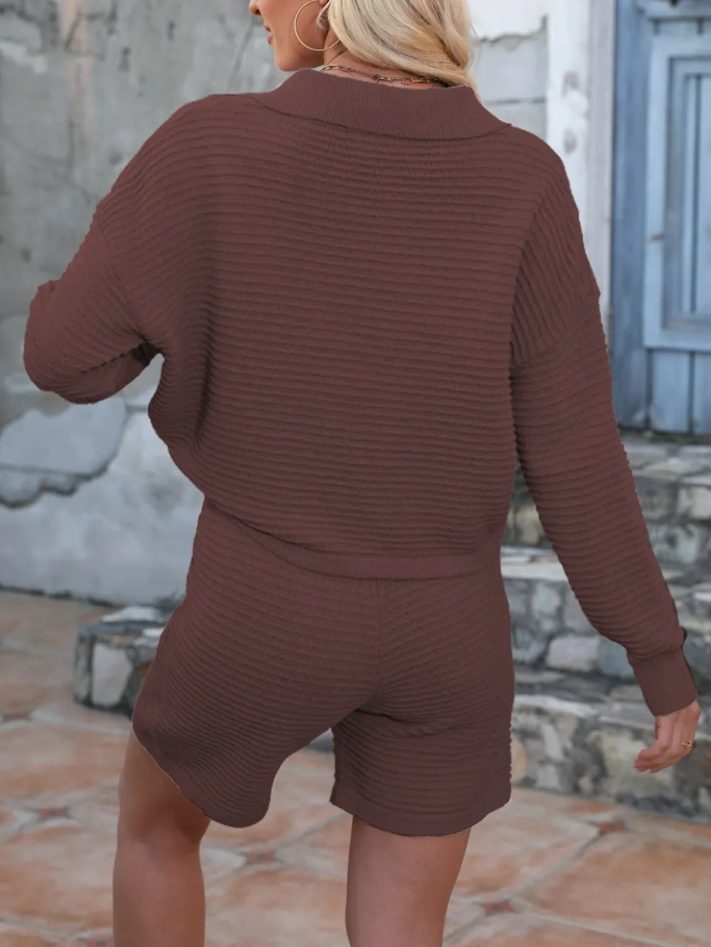 Johnny Collar Long Sleeve Top and Shorts Sweater Set, image 30