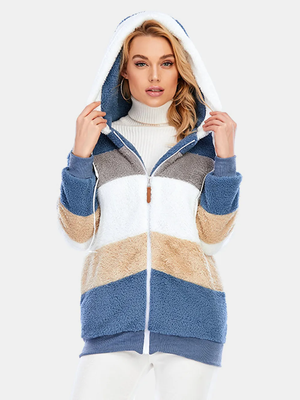 Full Size Drawstring Color Block Zip Up Hooded Outerwear, image 4