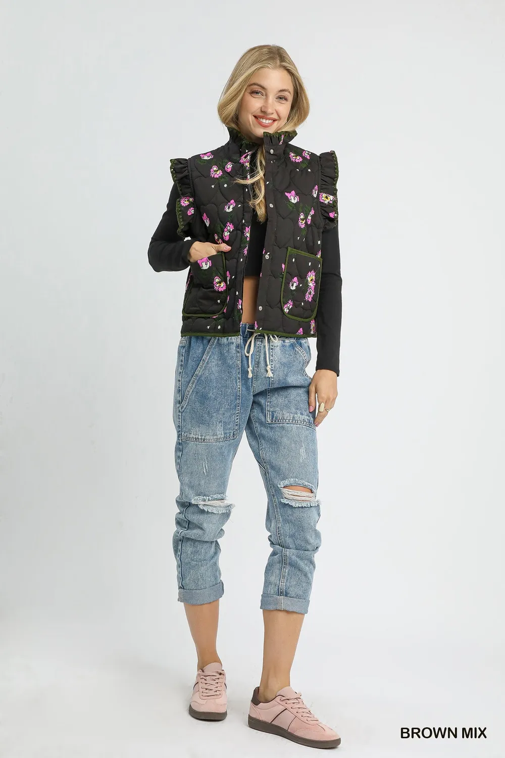 Ruffled Quilted Floral Snap Down Vest, image 2