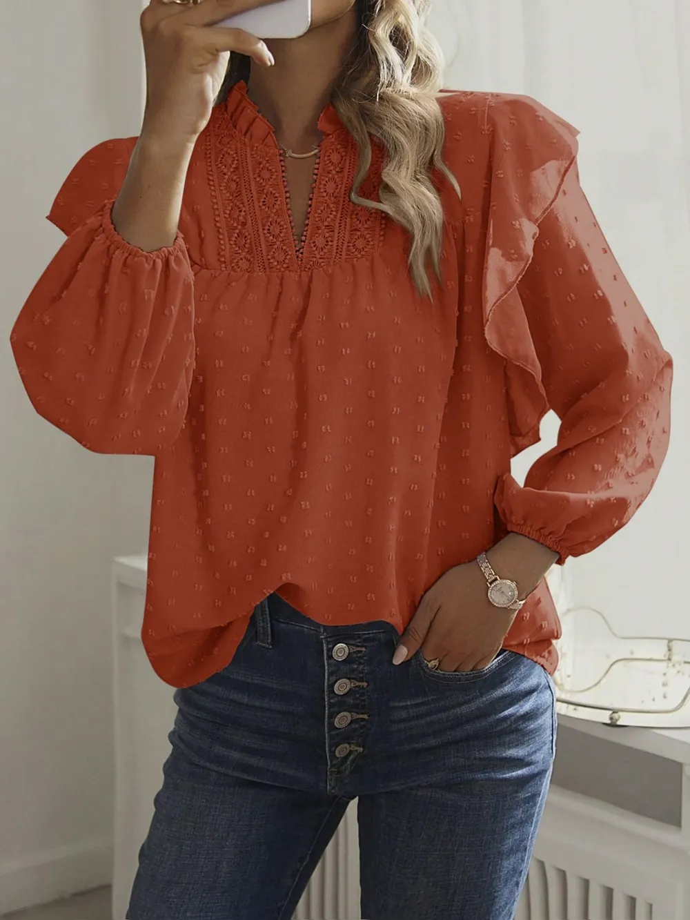 Swiss Dot Ruffled Long Sleeve Blouse, image 22