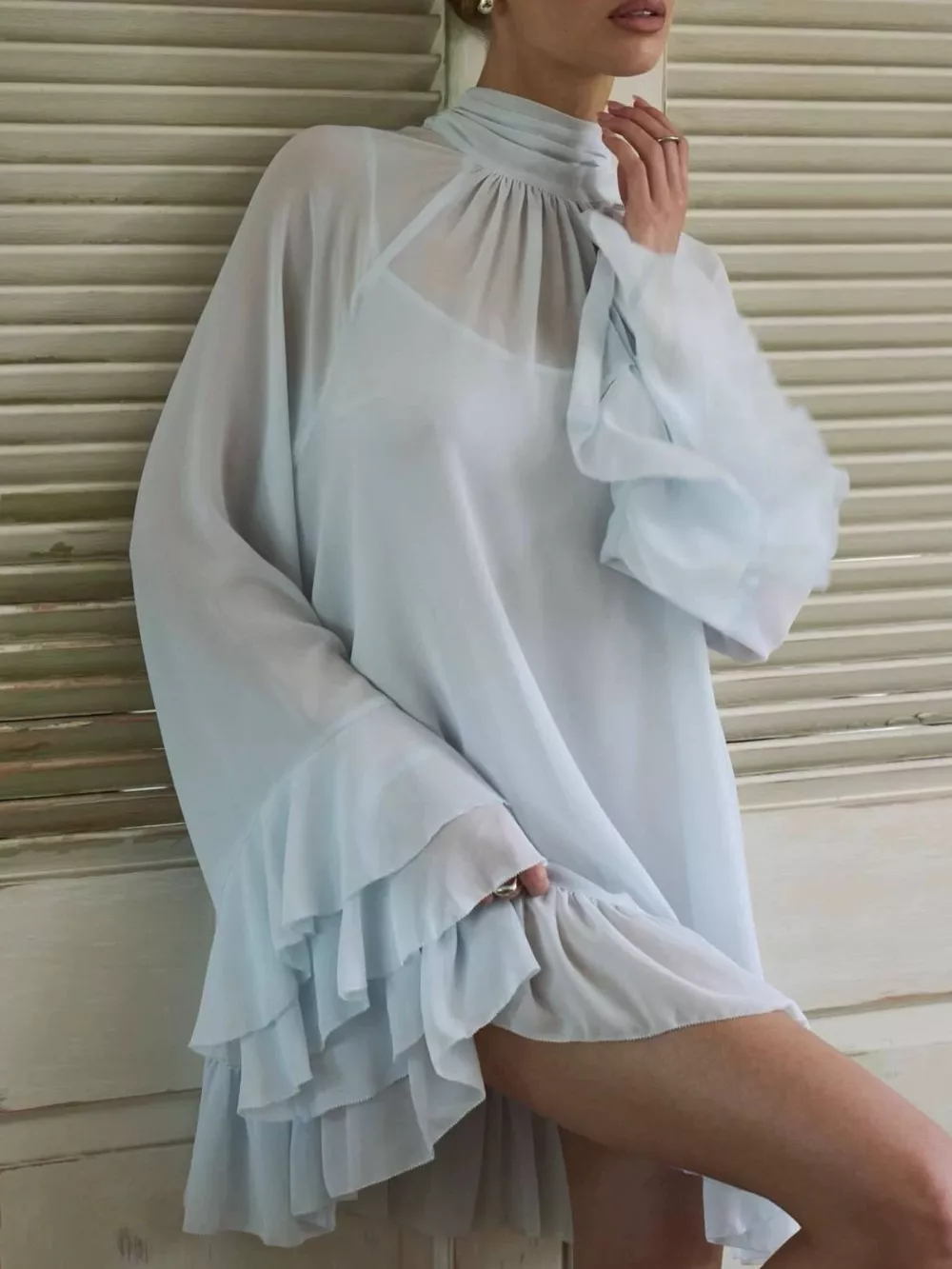 Sheer Mock Neck Flare Sleeve Dress, image 2