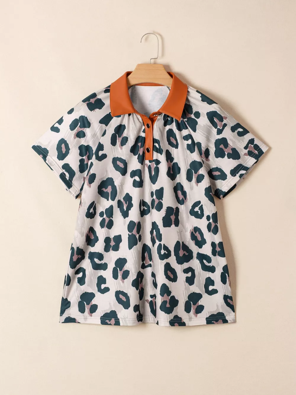 \Leopard Print Button Contrast Collared Short Sleeve Blouse, image 10