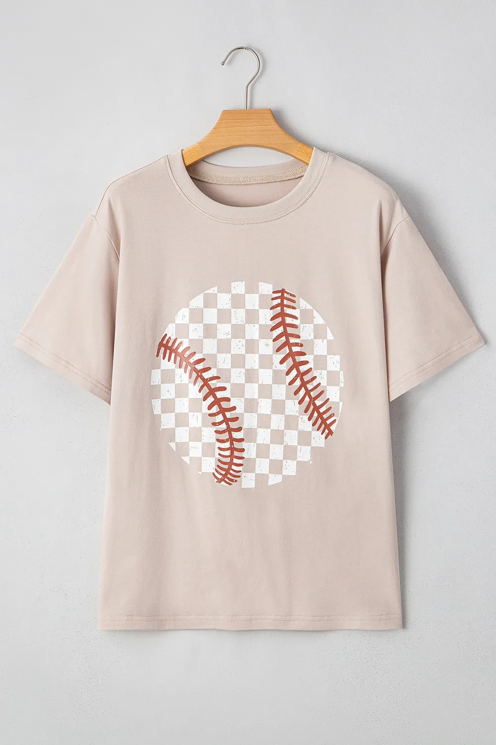 Contrast Checkered Baseball Graphic Round Neck Short Sleeve T-Shirt, image 5