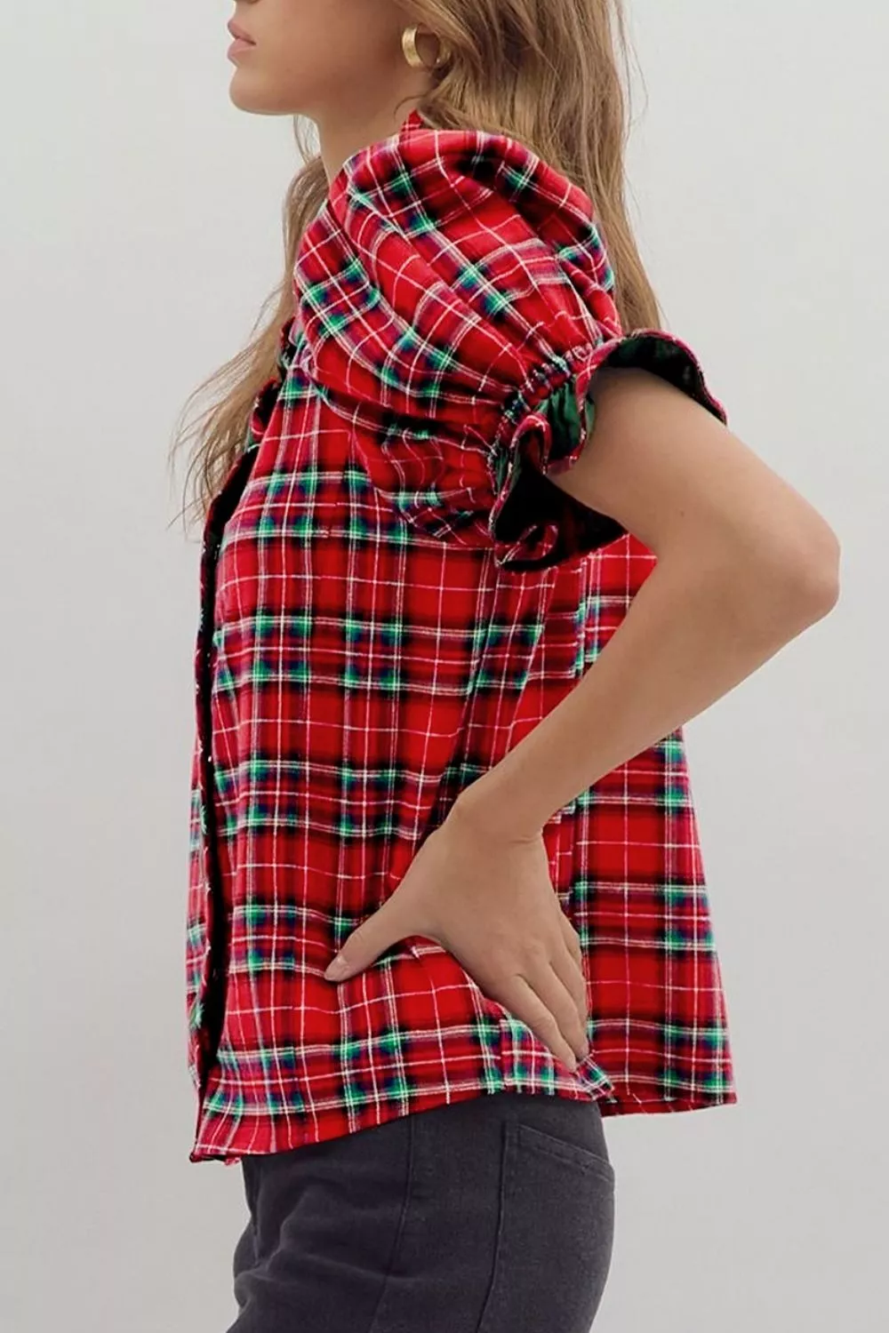 Plaid V Neck Ruffle Color Block Trim Short Sleeve Shirt, image 3