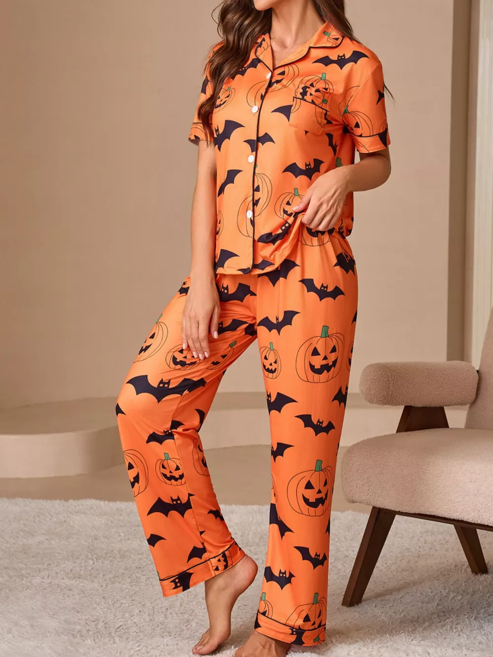 Halloween Pumpkin and Bat Print Button-Down Top and Pants Lounge Set, image 9