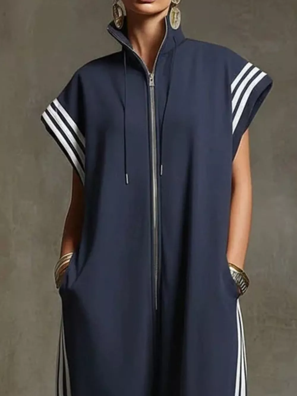 Full Size Side Stripe Zip-Front Wide Leg Jumpsuit Plus Size, image 8