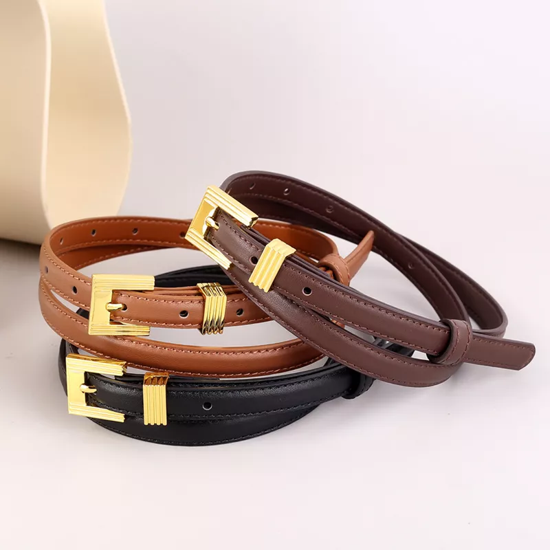 Skinny Leather Belt with Golden Buckle, image 2