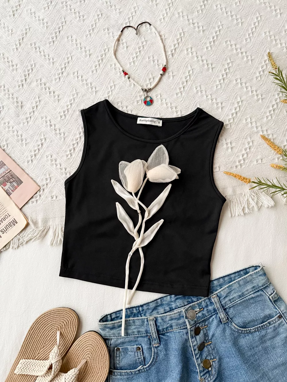 Floral Applique Round Neck Tank Top, image 4