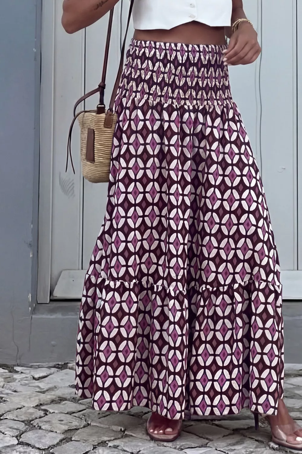 Geometric Print Smocked Waist Maxi Skirt, image 3