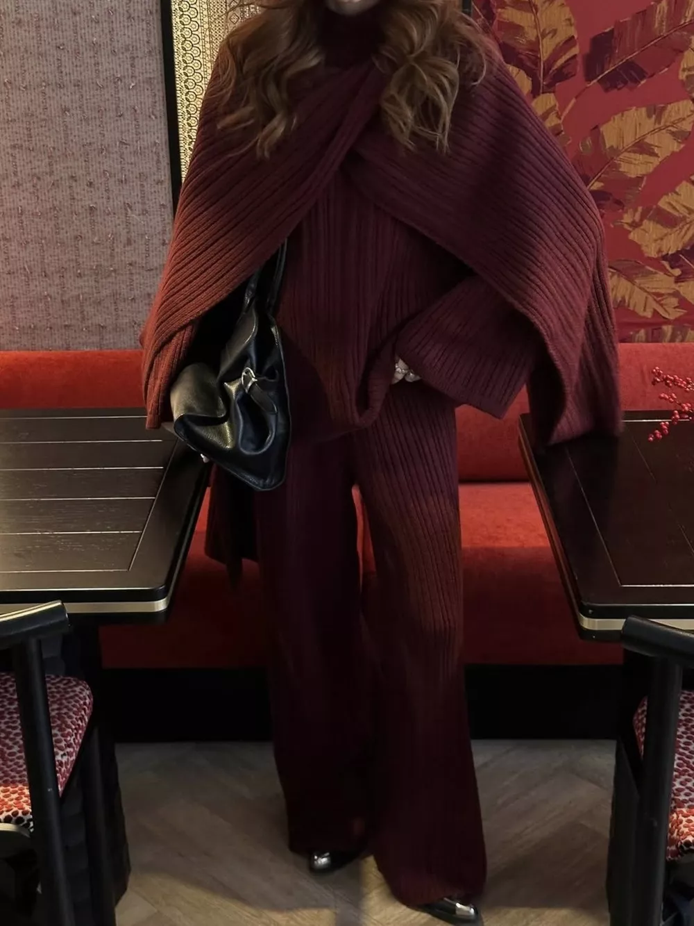 3-Piece Crew Neck Ribbed Sweater and Wide-Leg Pants Set with Scarf