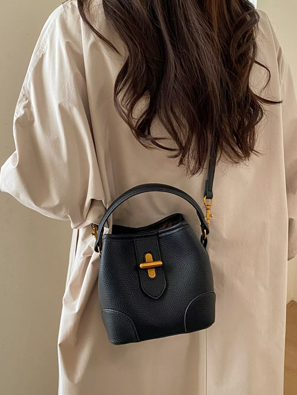 Textured Leather Bucket Crossbody Bag