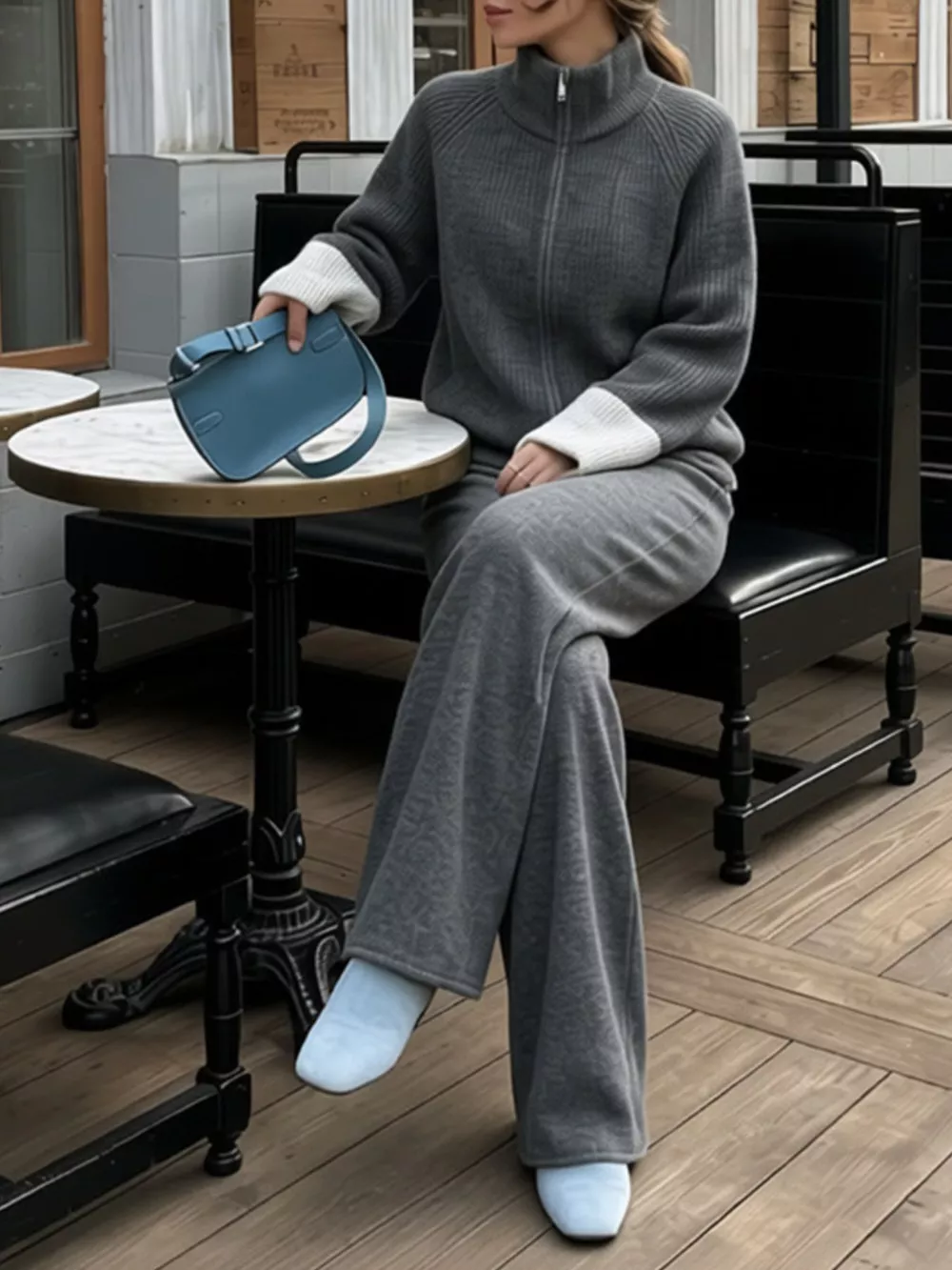 Zip-Up Contrast Cuff Cardigan and Pants Sweater Set, image 27