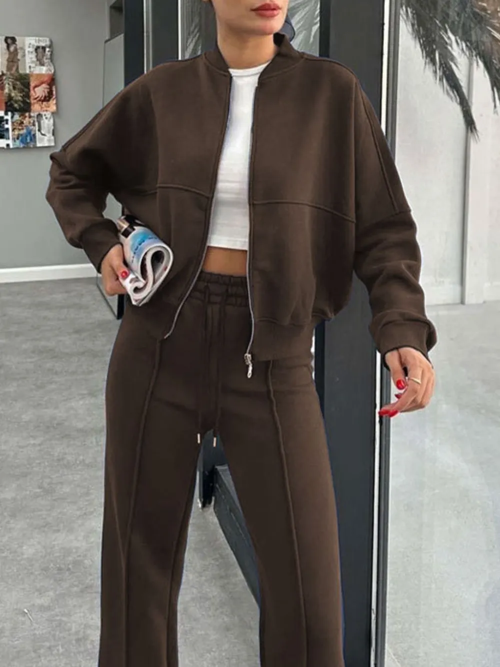 Baseball Collar Zip Up Outerwear and Drawstring Pants Set, image 24