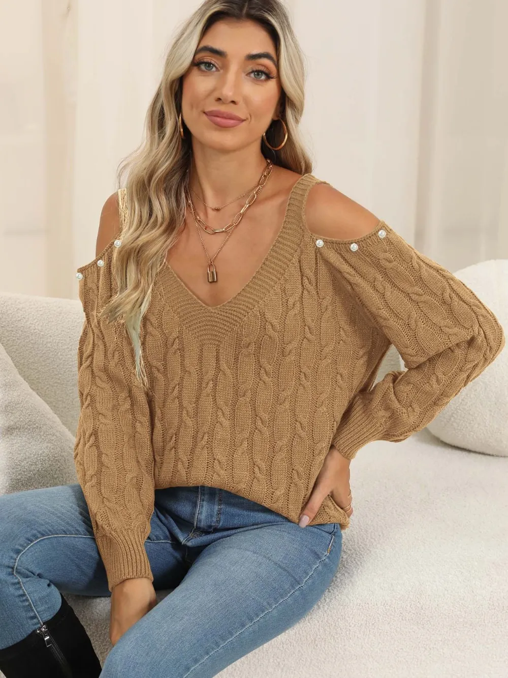 Cable-Knit Cold Shoulder Sweater, image 10