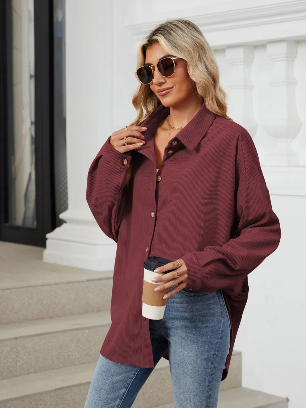Collared Neck Long Sleeve Dropped Shoulder Shirt, image 5