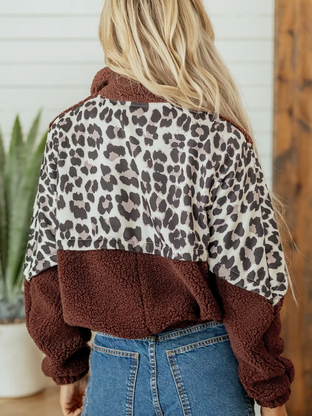 Leopard Patchwork Fleece Western Style Zip-up Collar Jacket, image 6