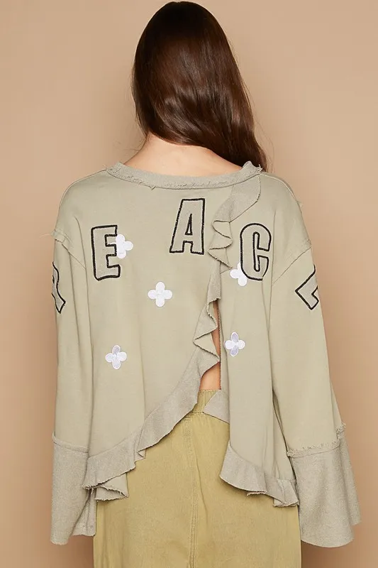 Peace Embroidered Exposed Seam Back Ruffle V-Neck Top, image 5