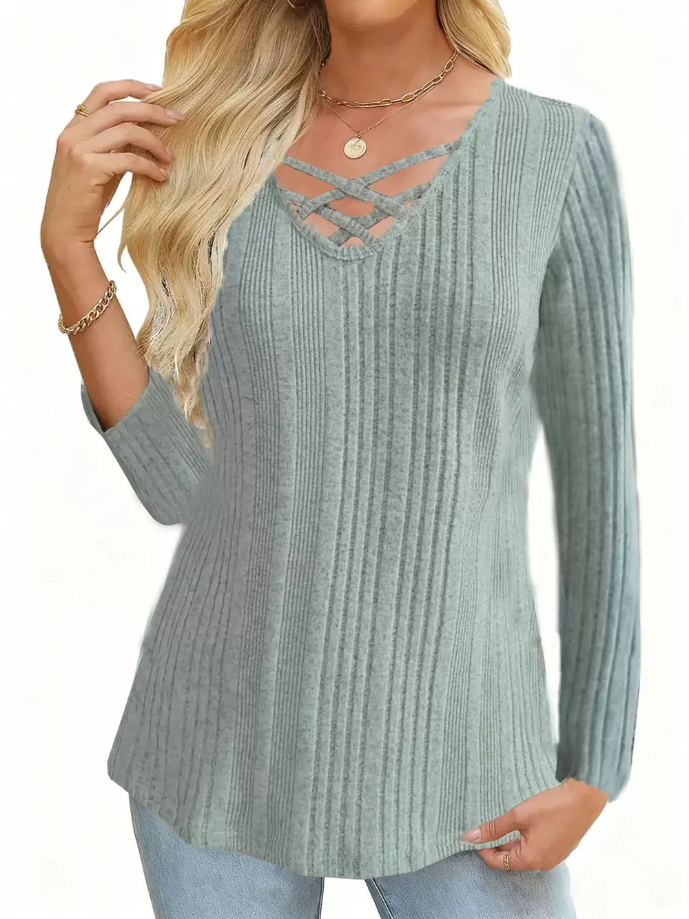 Crisscross V-Neck Ribbed Knit Long Sleeve T-Shirt