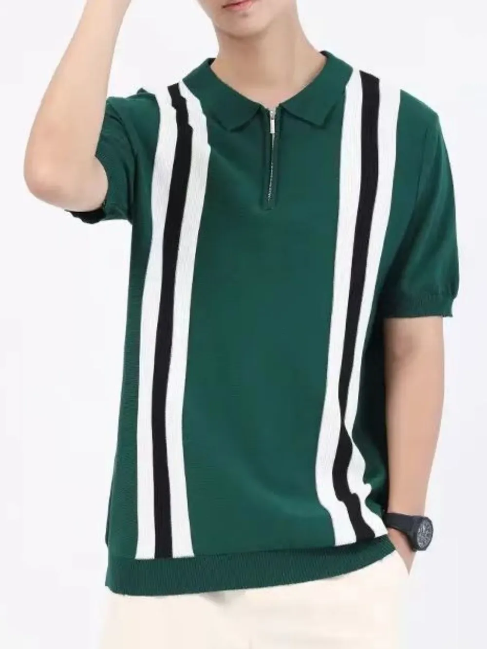 Men's Full Size Contrast Zip Collar Short Sleeve Knit Polo Plus Size, image 3