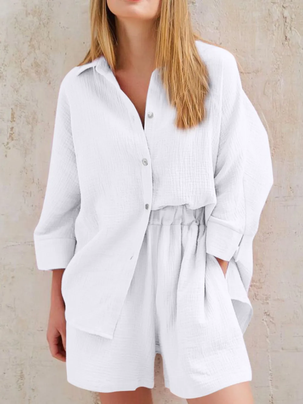 Texture Button Up Shirt and Shorts Set, image 2