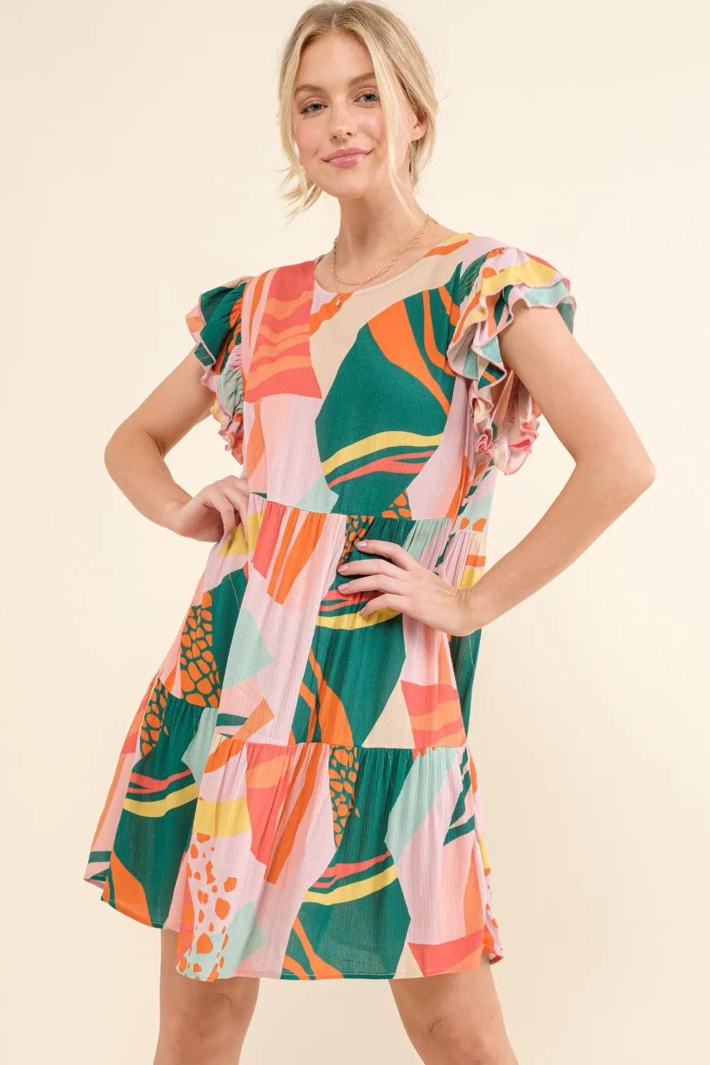 Printed Double Ruffle Sleeve Dress, image 5