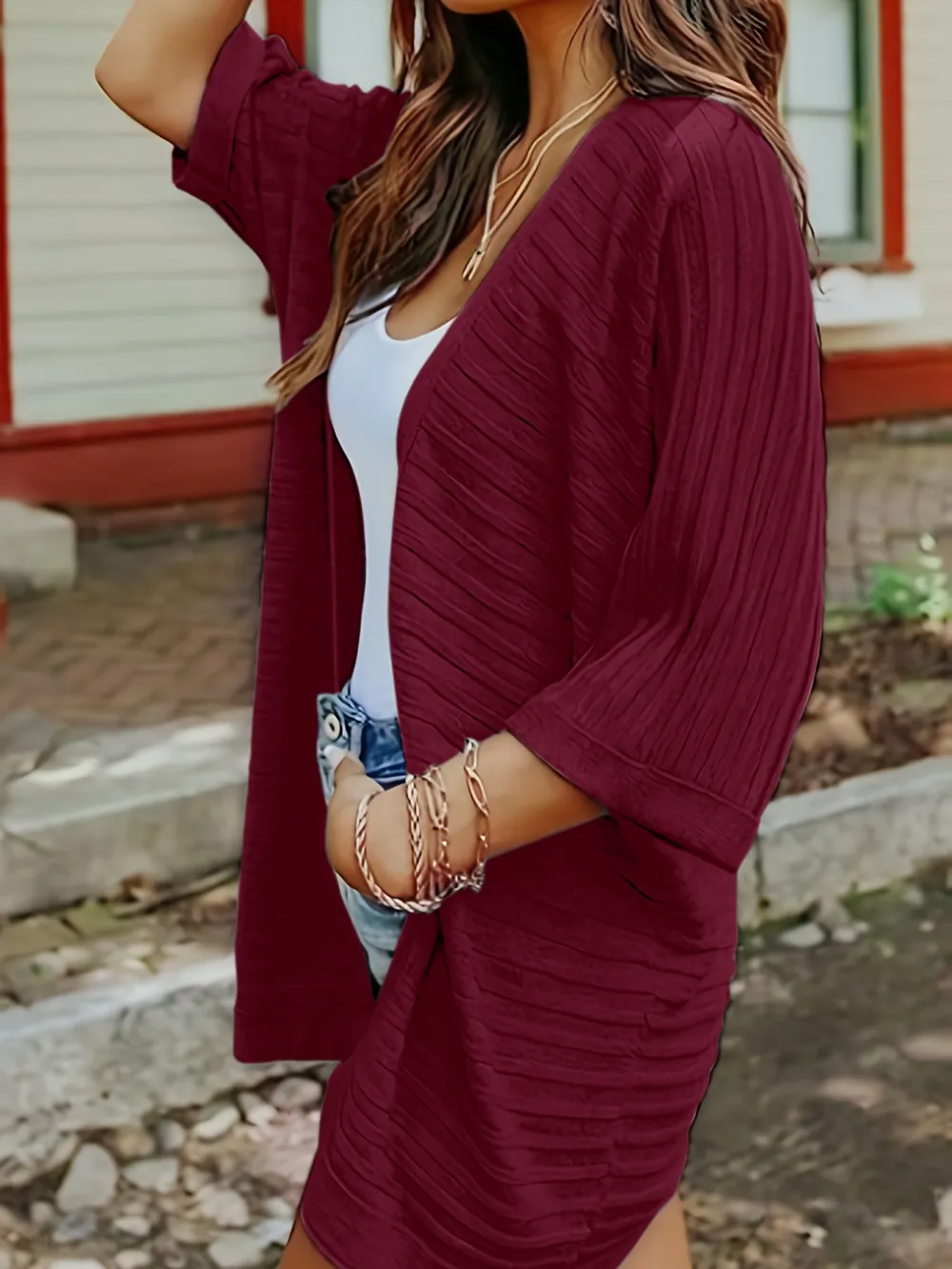 Striped Open Front Knit Cardigan, image 4